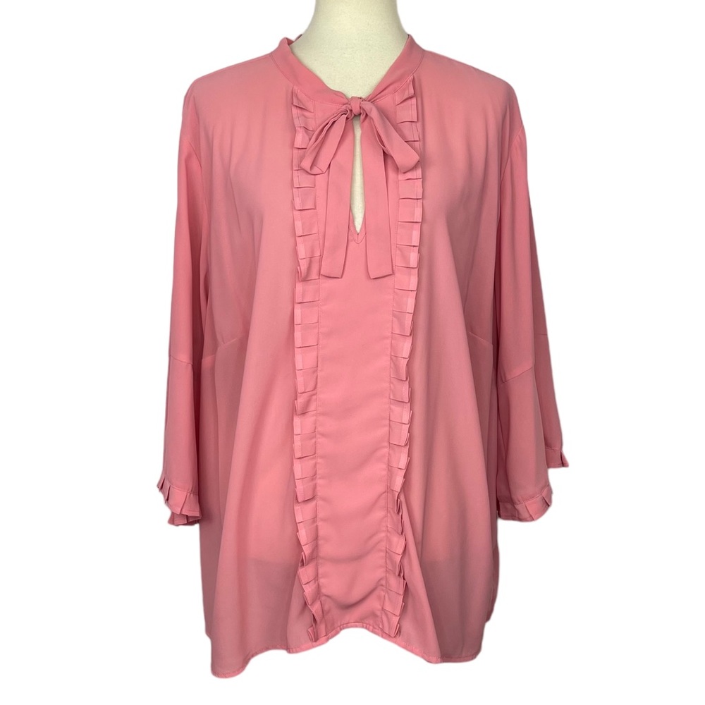 Eloquii Blouse Womens 26 Pink Ruffle Pussy Bow 3/4 Length Sleeves Plus Size